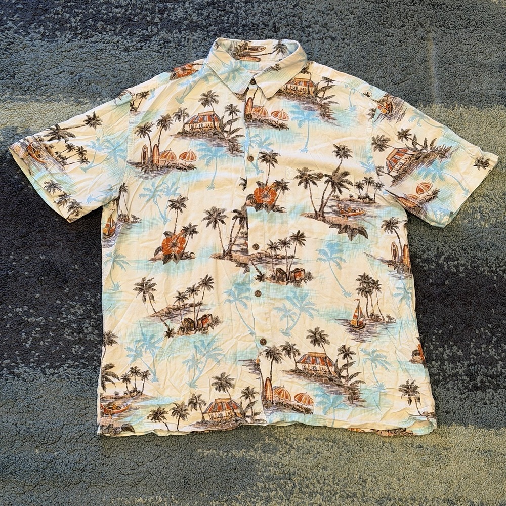 Island Shores Men's Large Blue Hawaiian Palm Tree Button Up Short Sleeve Shirt